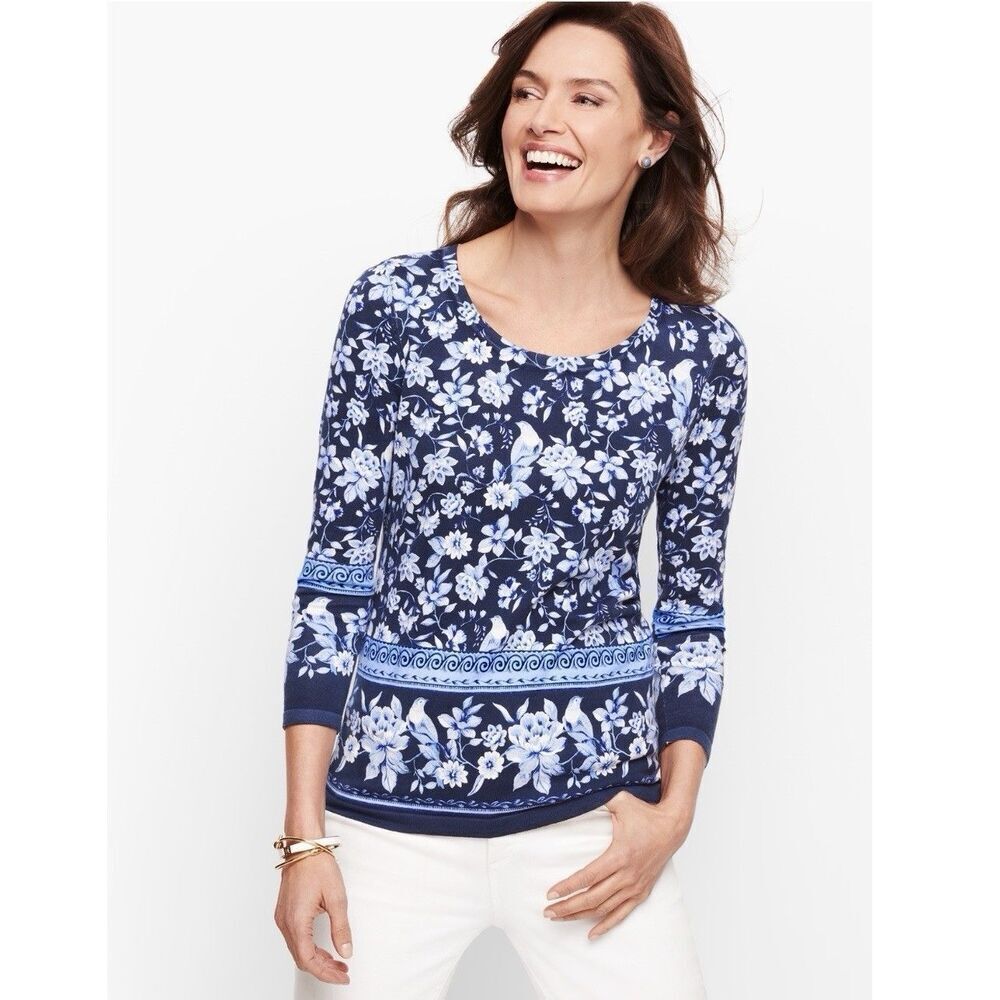 Talbots India Ink Medallion Bird Toile Blue Sweater Knit Top 3/4 Sleeve Size SP